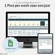 Desktop en laptop met een tool voor inhoudsplanning met een Google Spreadsheets-logo, ter illustratie van een sociale-mediastrategie van '1 bericht per week voor een jaar', met tijdelijke aanduiding voor import 110378.