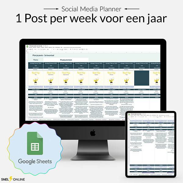 Desktop en laptop met een tool voor inhoudsplanning met een Google Spreadsheets-logo, ter illustratie van een sociale-mediastrategie van '1 bericht per week voor een jaar', met tijdelijke aanduiding voor import 110378.