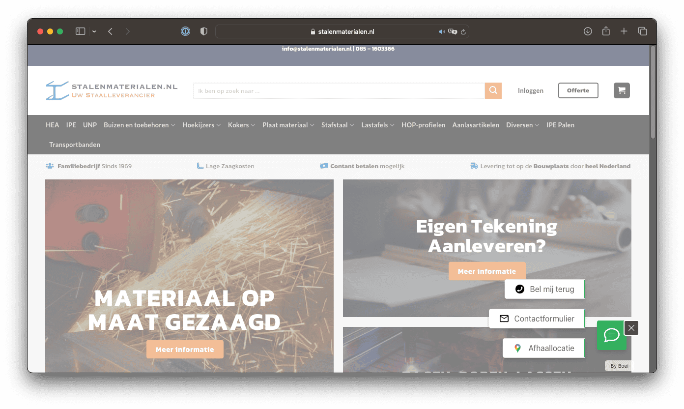 Screenshot van een Nederlandse website voor bouwmaterialen met opties voor op maat gesneden stukken, projecttekeningen en contactgegevens. De site bevat navigatietabbladen en servicedetails.