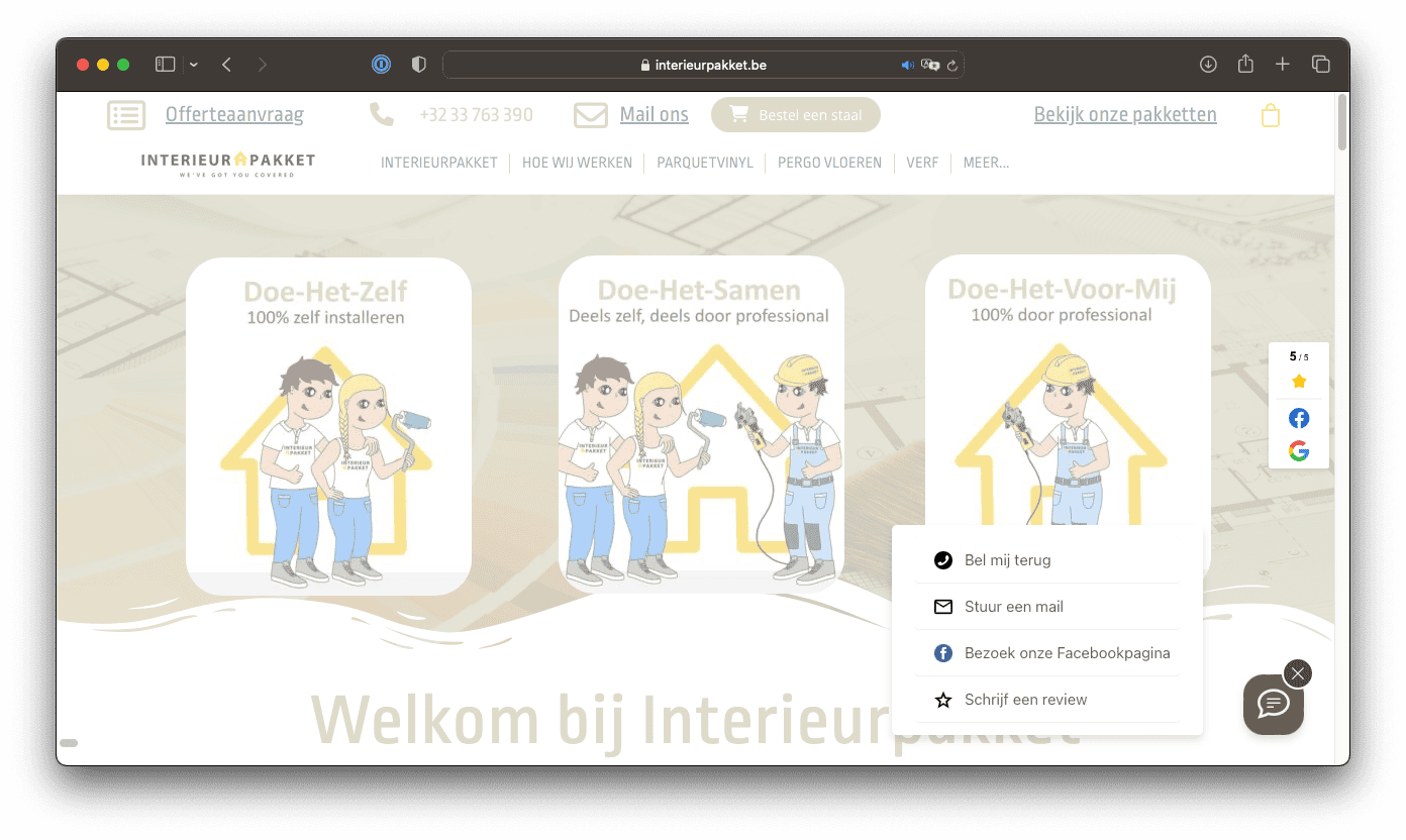 Screenshot van een webpagina met serviceopties met cartoonfiguren en Nederlandse tekst. Pop-upmenu in de rechterhoek biedt contactopties, zoals terugbellen, e-mail sturen en een recensie schrijven.