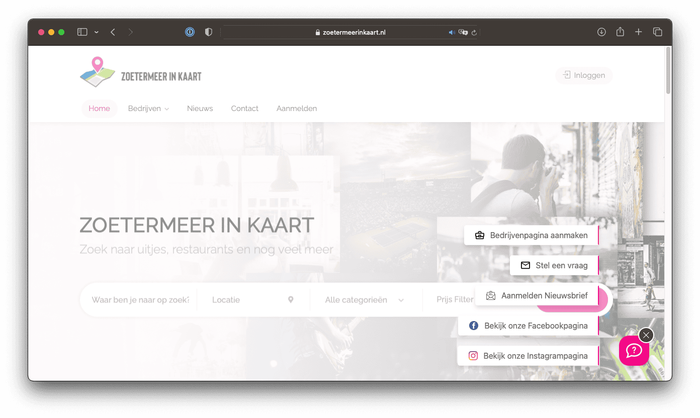 Screenshot van een website "Zoetermeer in Kaart" met een navigatiebalk met opties als "Home", "Bedrijven" en "Contact". Een vervolgkeuzemenu bevat opties als "Aanmelden Nieuwsbrief" en "Bekijk onze Facebookpagina.