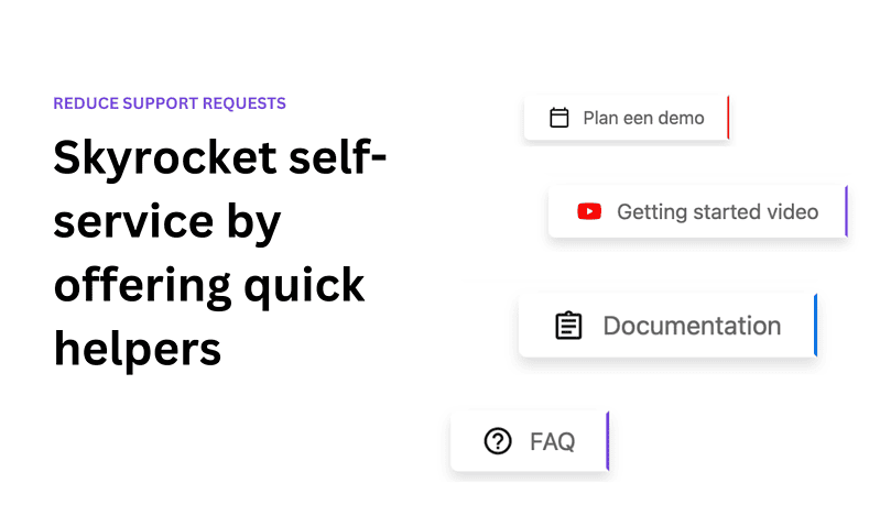 Afbeelding met manieren om supportaanvragen te verminderen: Plan een demo, een video over hoe u aan de slag kunt, documentatie en FAQ. De tekst luidt: "Skyrocket selfservice by providing quick helpers.