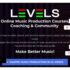 Advertentie voor Levels, dat online muziekproductiecursussen, coaching en community-ondersteuning aanbiedt. De boodschap moedigt aan om de basisbeginselen van muziekproductie in 6 maanden onder de knie te krijgen en omvat verschillende sociale media-contacten.