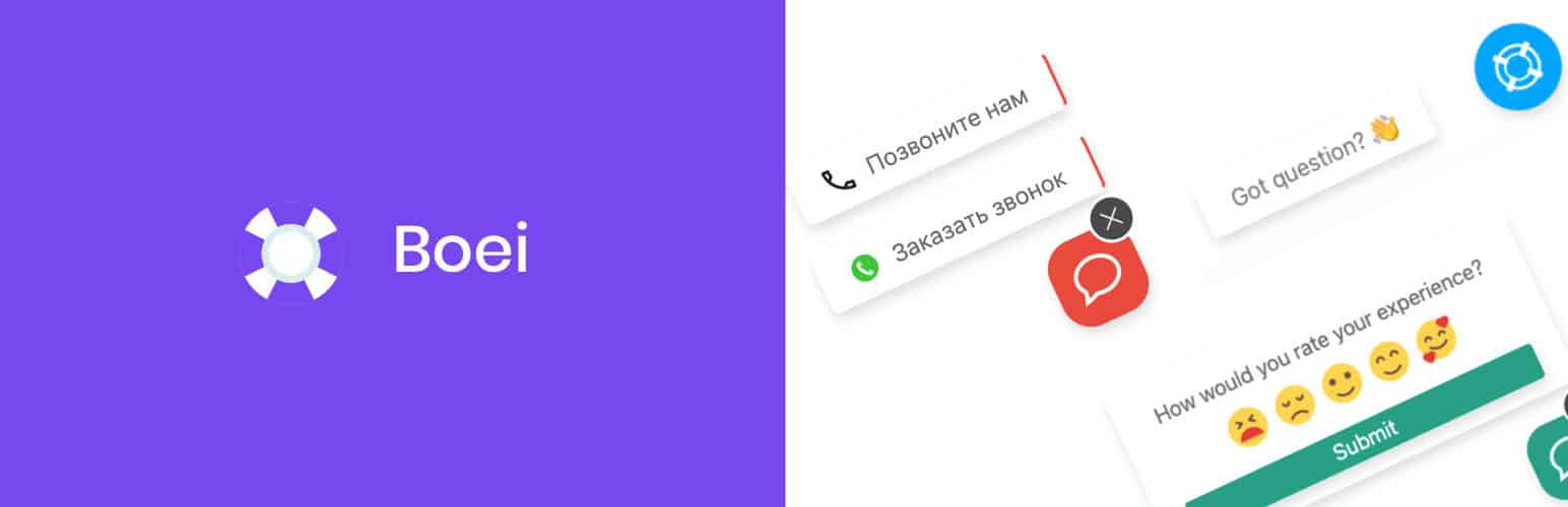 Een gesplitste afbeelding met het Boei-logo aan de linkerkant en verschillende opties voor klantcommunicatie aan de rechterkant, waaronder belverzoeken, chatten en een enquête met emoji-beoordelingen voor feedback over de klantervaring.