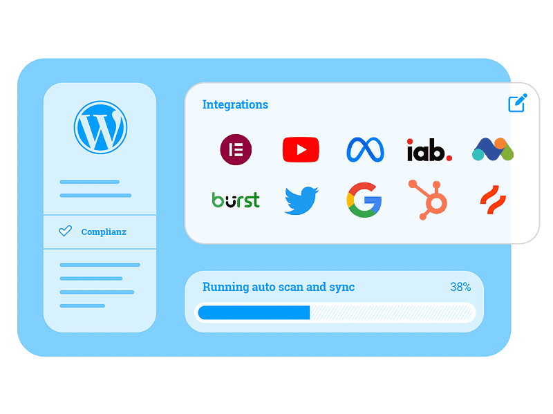 Illustratie van een software-interface met een voortgangsbalk op 38% voor automatisch scannen en synchroniseren, met integratiepictogrammen zoals WordPress, YouTube, Google en Twitter.