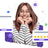 Een persoon met een bril en een gestreept shirt lacht met zijn handen op zijn wangen. Om hem heen zijn illustraties van chatboxen, een e-mailpictogram, een WhatsApp-logo en verschillende emoji's.