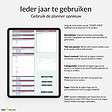 Een infographic met de titel "ieder jaar te gebruiken" in het Nederlands, waarin de jaarlijkse planning van sociale media wordt beschreven met stapsgewijze instructies, weergegeven in een Google Spreadsheets-document.
