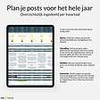 Smartphone met een contentplanner-app met details over het weer, in een promotionele afbeelding met de titel "plan je posts voor het hele jaar", met de nadruk op de jaarlijkse planning van sociale media.