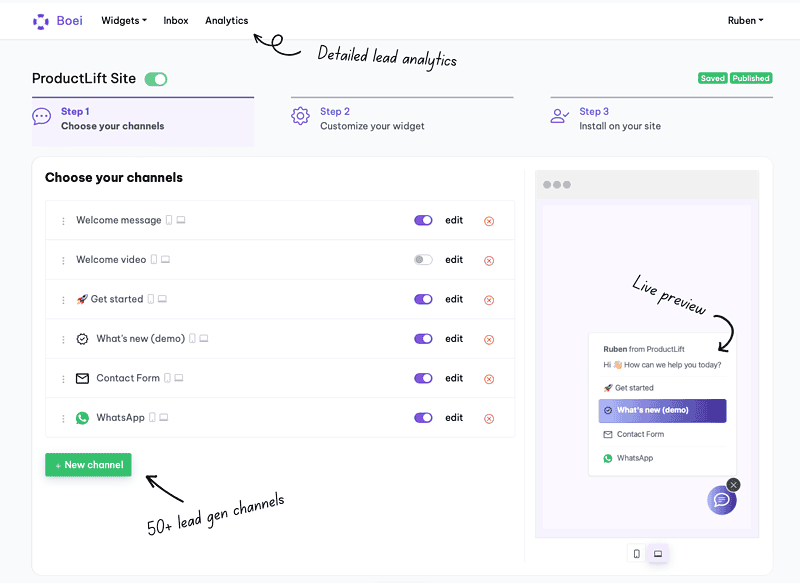 Een webpagina-interface die de leadgeneratie-instellingen toont met opties voor verschillende communicatiekanalen, maatwerk en een live preview. Labels markeren stappen en functies zoals 'Kies uw kanalen' en '50+ leadgenkanalen'.