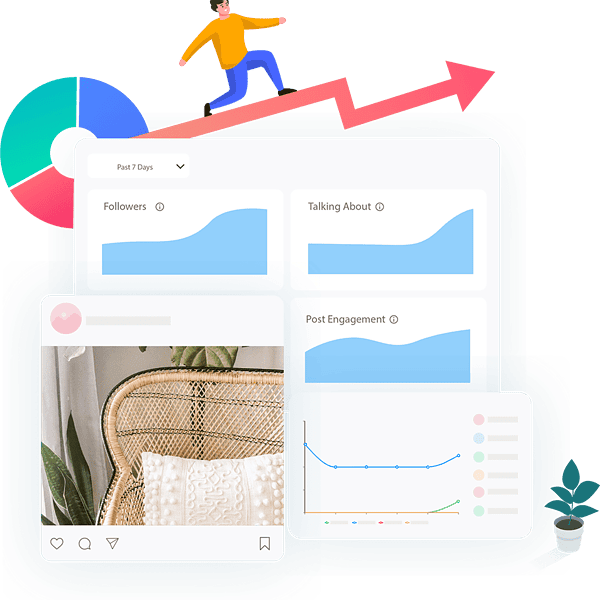 Een afbeelding van een digitaal scherm waarop verschillende analysegrafieken voor de prestaties van sociale media worden weergegeven, met een gestileerde figuur die via een oplopende pijl boven het scherm loopt.