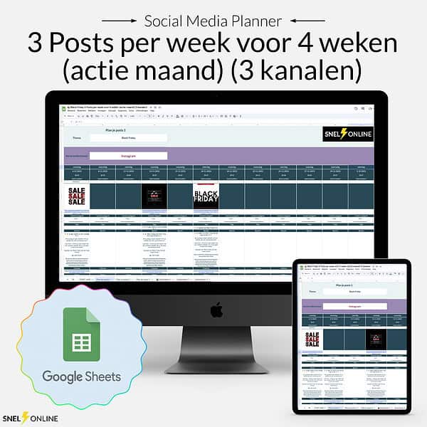 Op een computermonitor en een tablet wordt een contentplanner op Google Spreadsheets weergegeven, waarin gedurende vier weken drie berichten per week op drie kanalen worden weergegeven.