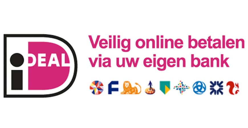 IDEAL logo met de tekst "Veilig online betalen via uw eigen bank" en hieronder diverse banklogo's weergegeven.