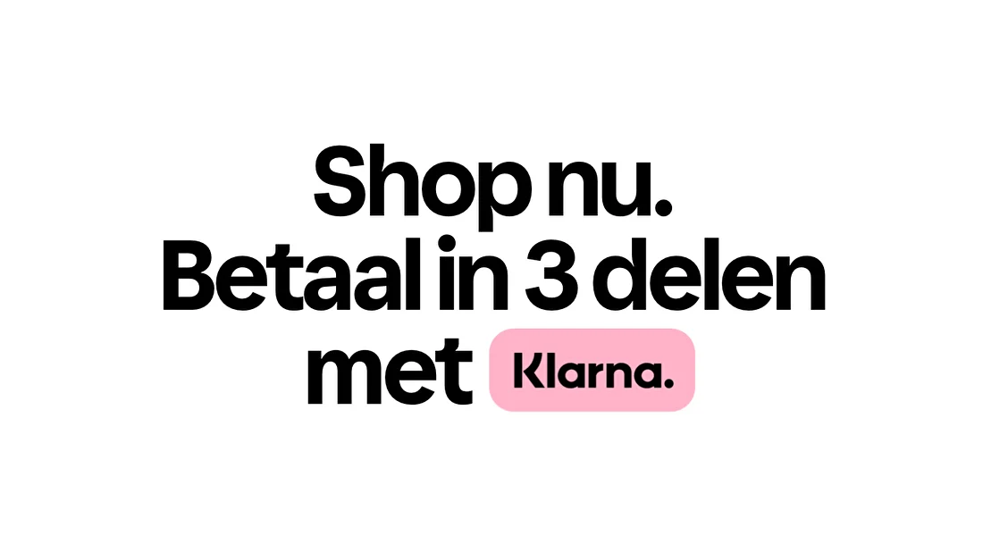 Tekst in het Nederlands: "Winkel nu. Betaal in 3 delen met Klarna." op een witte achtergrond.