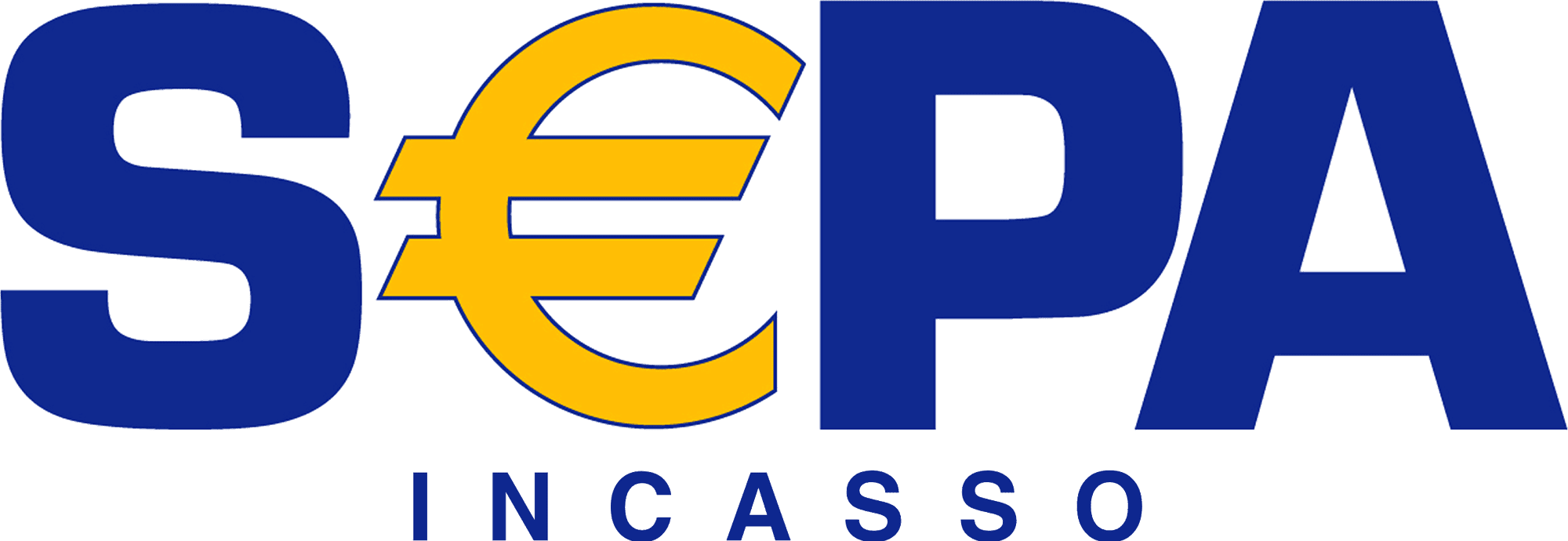 Logo van SEPA Incasso met het woord "SEPA" in het blauw en de "E" in de vorm van een geel eurosymbool, geplaatst boven het woord "INCASSO" in blauwe letters.