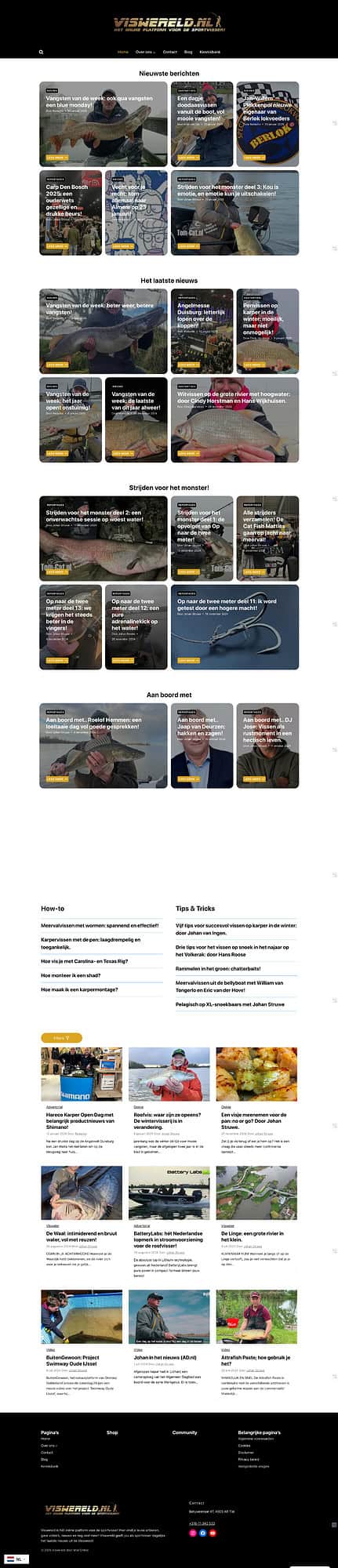 Screenshot van de homepage van een viswebsite, gemaakt door Snel Online, met secties met recente video's, trending topics en how-to guides. De lay-out bevat afbeeldingen en tekst met betrekking tot visactiviteiten. Perfect voor liefhebbers die op zoek zijn naar inzichten van experts zoals Diana Delft.