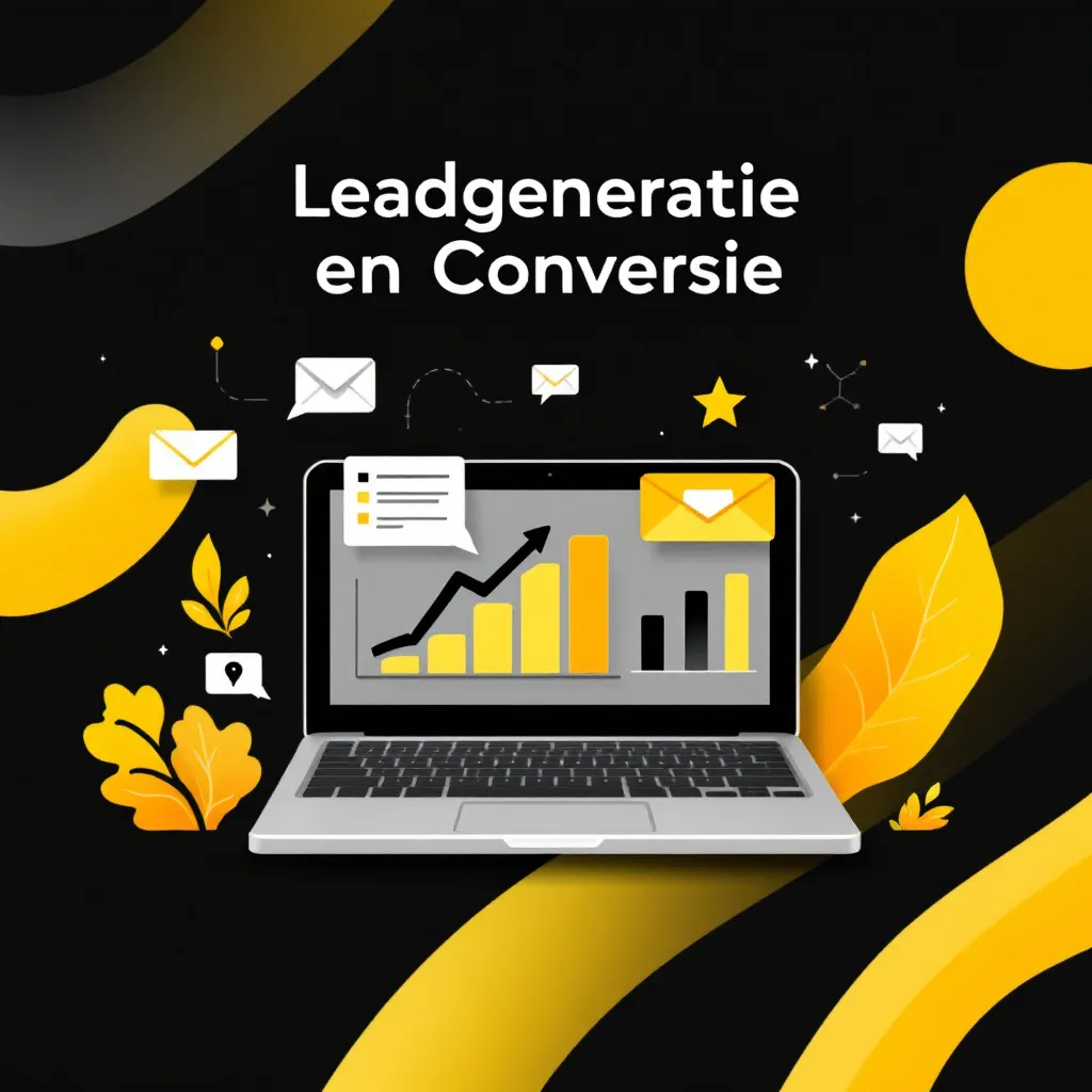 Een laptop toont grafieken en diagrammen, omringd door gele en zwarte elementen, met de tekst "Leadgeneratie en Conversie." Deze visual legt de nadruk op effectieve marketingstrategieën om leads te genereren en prospects om te zetten in betalende klanten.