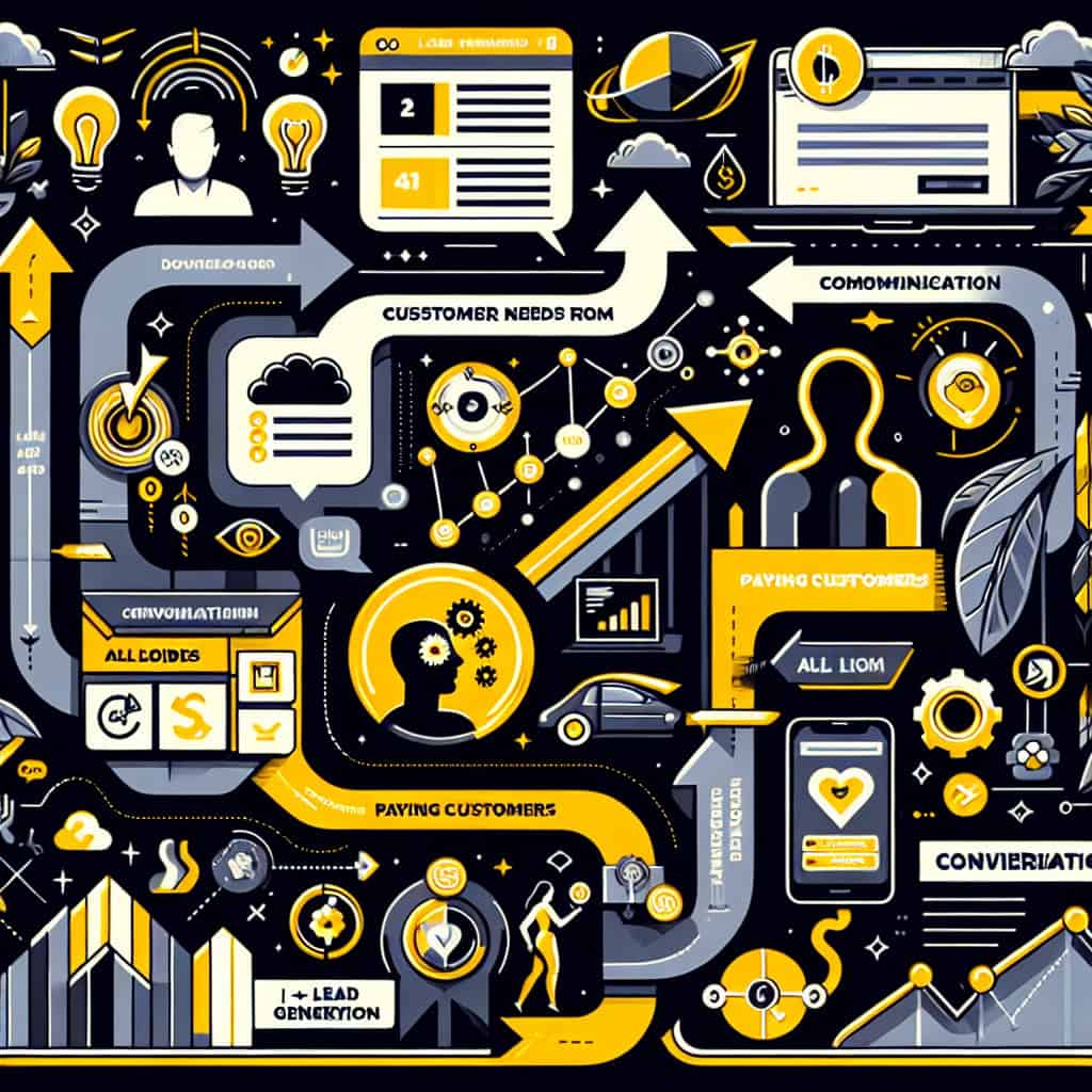 Een complexe infographic die een bedrijfswerkstroom illustreert met pijlen, grafieken, tandwielen en communicatiepictogrammen op een donkere achtergrond, legt de nadruk op 'leadgeneratie' en het omzetten van 'klantbehoeften' in bruikbare inzichten.