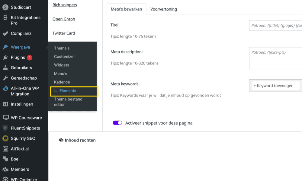 Een screenshot van de WordPress-instellingen voor zoekmachineoptimalisatie kan worden aangepast voor betere resultaten.