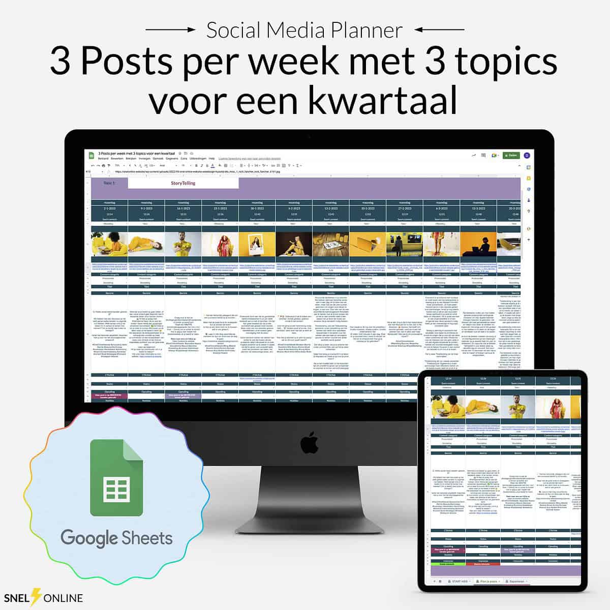 3 Posts per week met 3 topics voor een kwartaal - Productiviteit, Google sheets, Content planner, Social media planner - Snel⚡Online Productiviteit