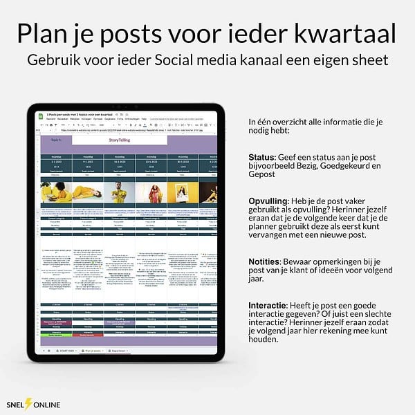 3 Posts per week met 3 topics voor een kwartaal - Plan je posts voor ieder kwartaal, Content planner, Social media planner - Google sheets - Productiviteit door Snel Online