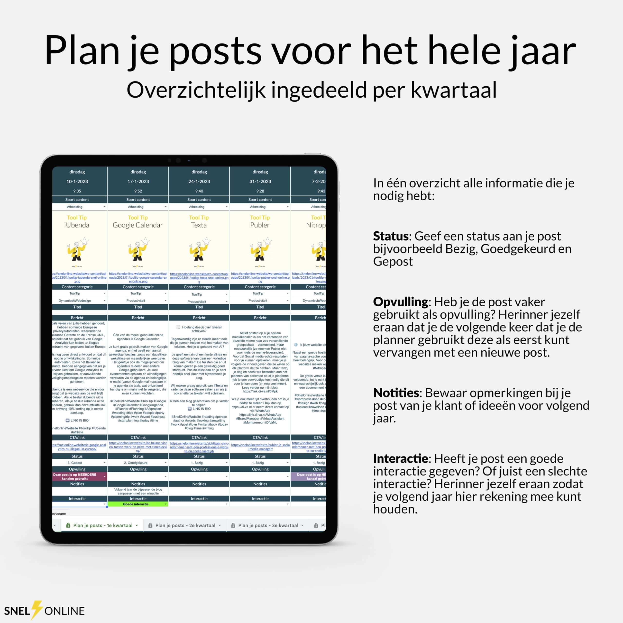 Smartphone met een contentplanner-app met details over het weer, in een promotionele afbeelding met de titel "plan je posts voor het hele jaar", met de nadruk op de jaarlijkse planning van sociale media.