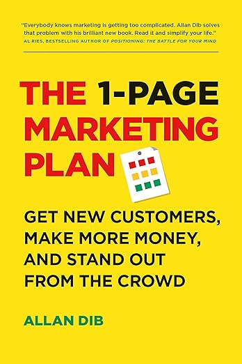 Omslag van het boek "The 1-Page Marketing Plan" van Allan Dib, met vetgedrukte tekst en kleine pictogrammen. De ondertitel luidt: 'Krijg nieuwe klanten, verdien meer geld en onderscheid u van de massa met het marketingplan van één pagina.