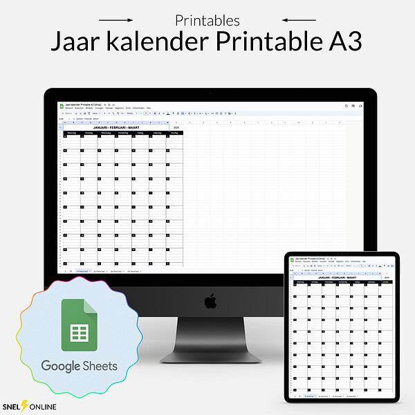 Een computer en tablet tonen een digitale jaarkalender in Google Sheets-formaat. De tekst bovenaan luidt "Jaar kalender Printable A3". Er wordt ook een Google Sheets-pictogram weergegeven.